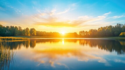 Fototapeta premium sunset at coast of the lake. Nature landscape. Nature in northern Europe. reflection, blue sky and yellow sunlight. landscape during sunset , ai