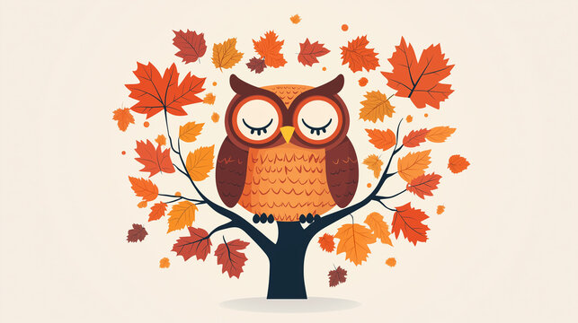 a cute stylized owl perched on a fall tree, simple vector art.