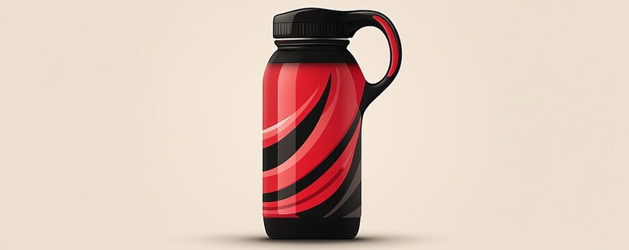 A Sports water bottle with a grip handle, dynamic flow lines, bold red and black, athletic vibe, flat design illustration