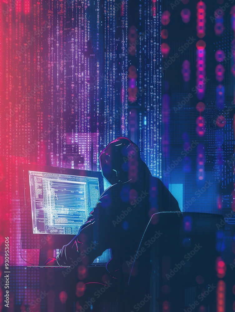 Aufkleber A hacker focused on coding in a dark room displays green and blue matrix-like text on a large screen while typing furiously. Generative AI