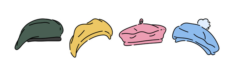 Set line drawing of beret, artist, military hat. Isolated on white background. Colored vector illustration.