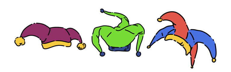 Set line drawing of jester hat, clown hat. Isolated on white background. Colored vector illustration.