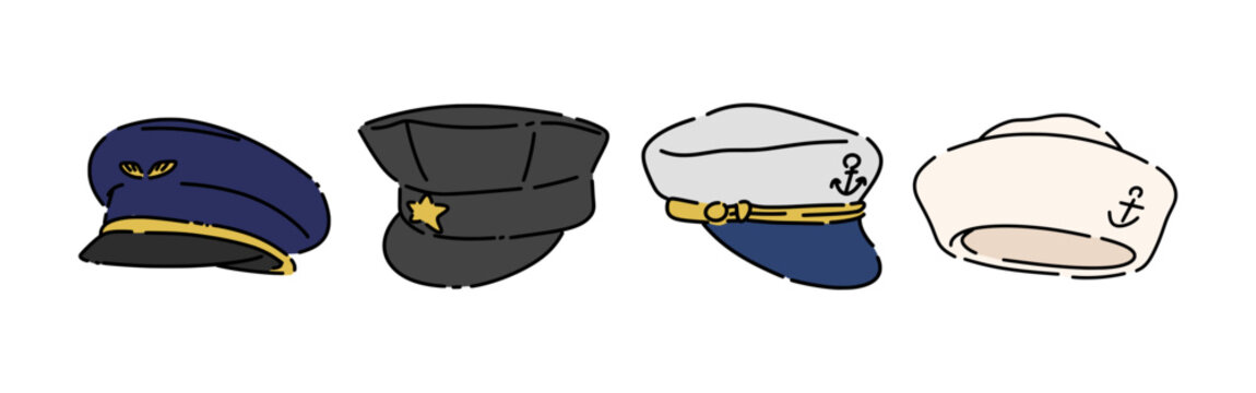 Set line drawing of police hat, sailor cap, pilot hat. Isolated on white background. Colored vector illustration.