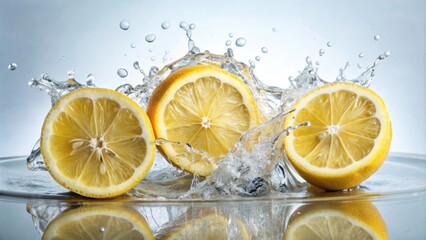 Fresh lemon slices splashing in water, lemon, splash, fresh, fruit, healthy, citrus, yellow, refreshing, juicy, motion