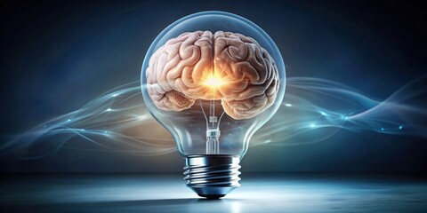 Brain head giving birth to light bulb ideas, innovation, creativity, intelligence