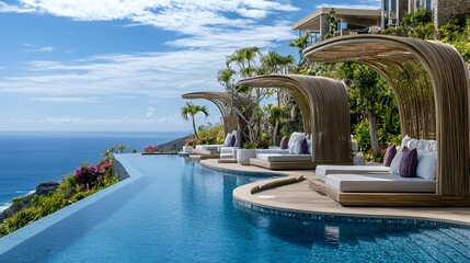 Fototapeta premium Luxury infinity pool with curved wooden cabanas and comfortable daybeds overlooks the blue ocean under a bright sky.
