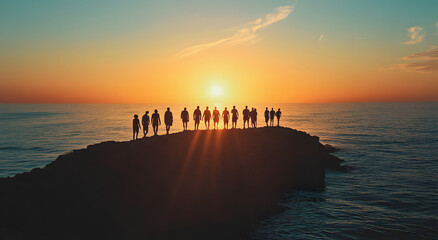 "Silhouettes of People Walking on the Edge of an Island at Sunset, Capturing Tranquility, Human Connection, and the Serenity of Nature in a Remote Coastal Setting"