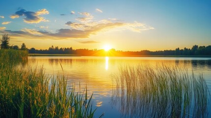 Obraz premium sunset at coast of the lake. Nature landscape. Nature in northern Europe. reflection, blue sky and yellow sunlight. landscape during sunset , ai