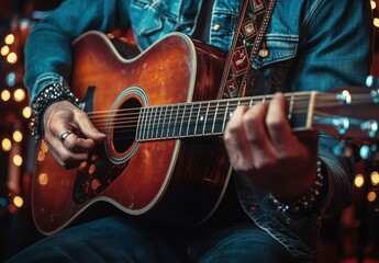 Obraz premium Musician Strumming an Acoustic Guitar in a Dimly Lit Room with String Lights in the Background