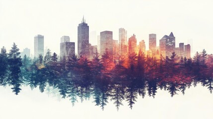 Obraz premium A beautiful blend of urban skyline and serene forest, showcasing the harmony between nature and city life.