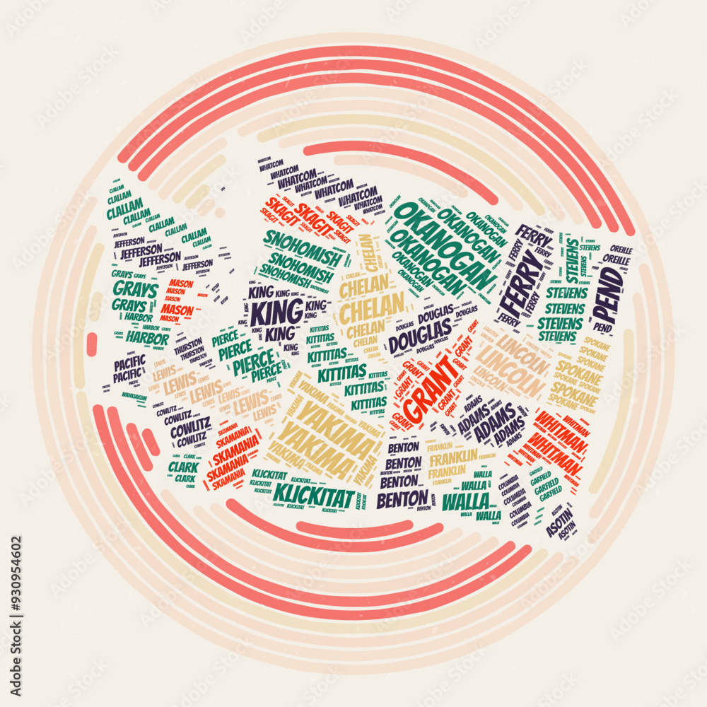 Poster washington round poster. typography style image of the state. counties word clouds of washington. vi