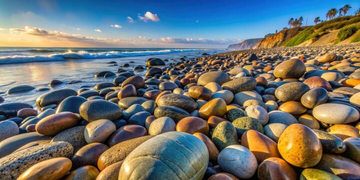 Rounded and polished rocks of various origins at Swamis Beach in Encinitas, California, multicultural, rocks