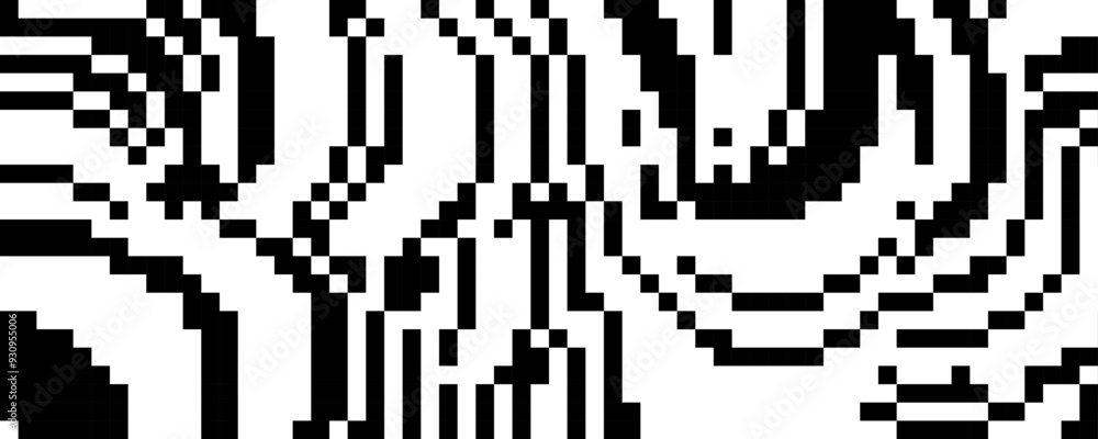 Poster pixelated curved wavy texture. black dithered bent lines background. digitalized warped stripes for 