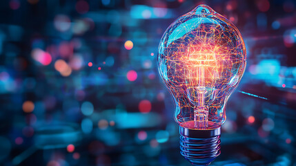 A close-up of a light bulb with intricate, bright digital patterns inside, symbolizing a high-tech idea generation process 