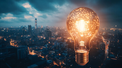 A futuristic cityscape with a giant illuminated light bulb hovering above, representing a city driven by innovation 