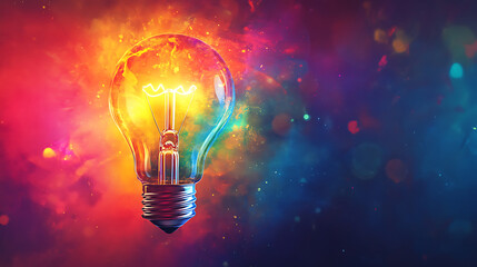 A glowing light bulb with vibrant colors radiating from it, symbolizing a bright idea in a futuristic setting 