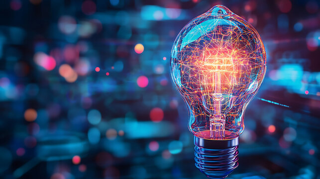 A close-up of a light bulb with intricate, bright digital patterns inside, symbolizing a high-tech idea generation process 