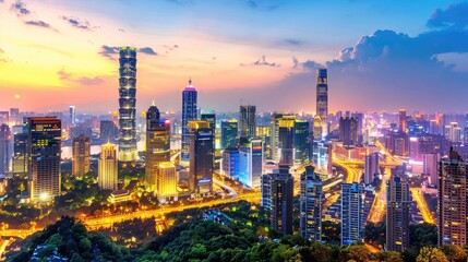 Fototapeta premium Vibrant skyline at sunset showcasing towering buildings and illuminated streets, capturing the essence of urban life and energy.