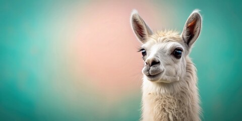 Obraz premium Cute llan on a pastel background, llama, cute, face, pastel, background, adorable, animal, fluffy, pink, blue, soft, sweet