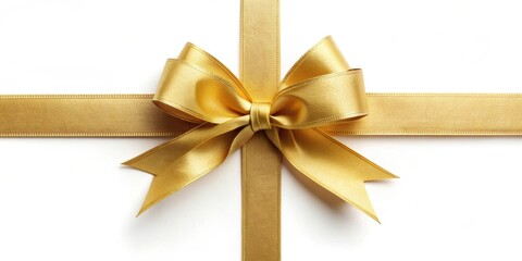 Elegant gift wrapping with gold ribbon and bow on a white background, present, celebration, festive, surprise
