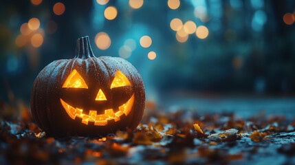 jack o lantern halloween holiday orange pumpkin on the street in the dark background bokeh lights orange blue night decoration leaves on the ground