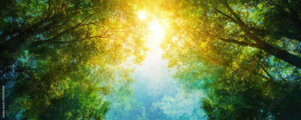 Poster a serene view of sunlight filtering through the lush canopy of a vibrant forest, creating a peaceful