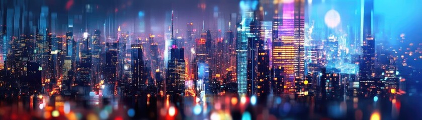 Fototapeta premium A vibrant city skyline illuminated by colorful lights at night, showcasing modern architecture and urban life in a stunning panorama.