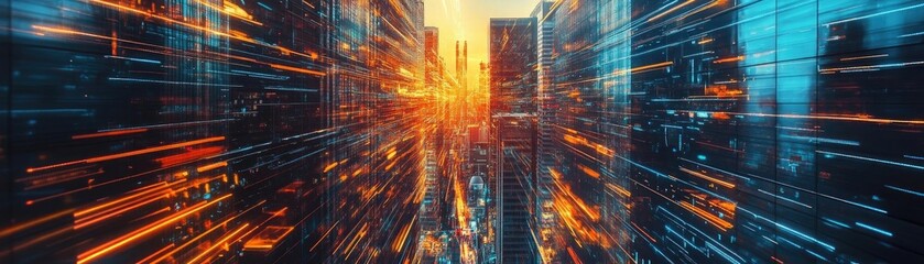 Fototapeta premium Abstract light trails in a modern cityscape at sunset, showcasing a vibrant play of colors and dynamic motion.