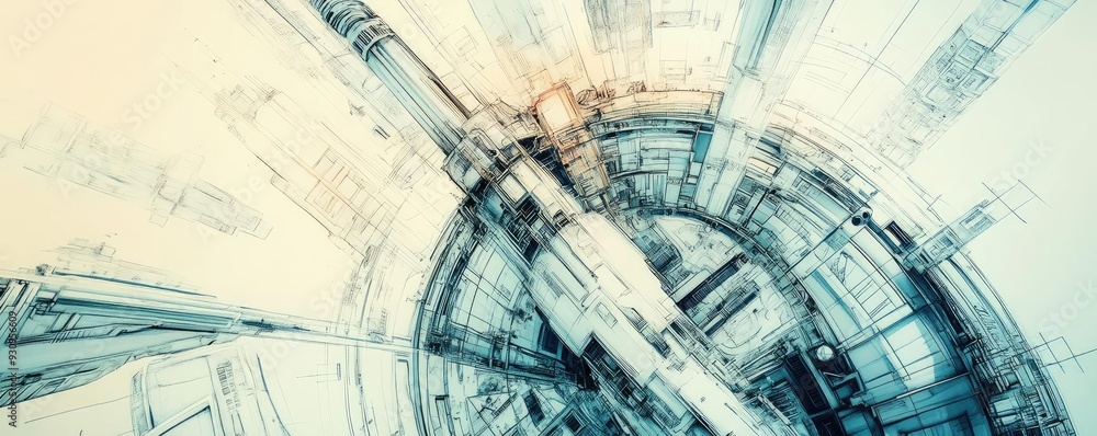 Poster abstract digital art featuring intricate lines and shapes in a circular pattern, conveying a sense o