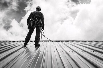 Construction safety inspector wearing fall safety harness walking on the roof by clipping safety rope on fall arrest, fall restraint horizontal safety line while inspecting fixed roof anchor points