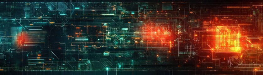 Naklejka premium Futuristic digital background with vibrant glowing elements and complex patterns, ideal for technology or innovation themes.