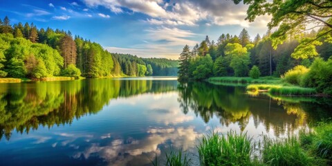 Obraz premium Serene landscape featuring a tranquil lake surrounded by lush forest, nature, scenic, serene, reflection, water, trees