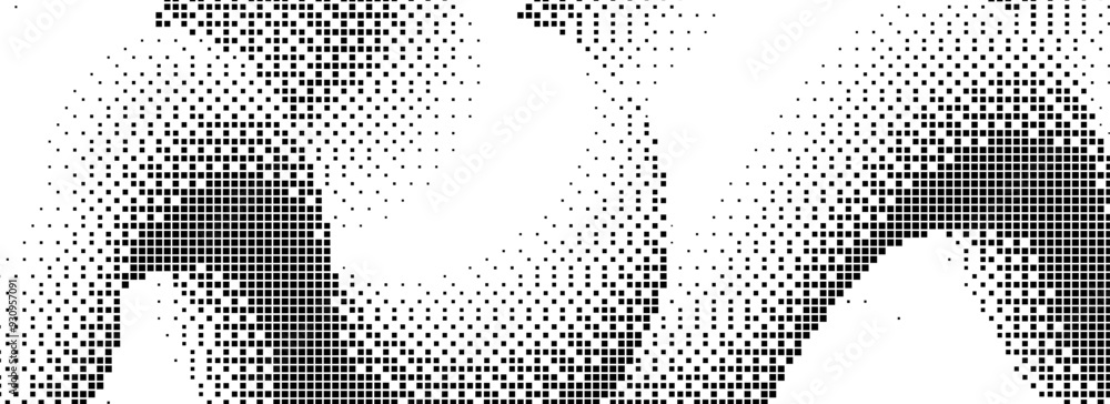 Aufkleber Pixelated curved gradient shape. Dotted dither squiggling texture background. Liquid undulate form for banner, poster, leaflet, brochure. Abstract rasterized overlay backdrop. Vector comic wallpaper