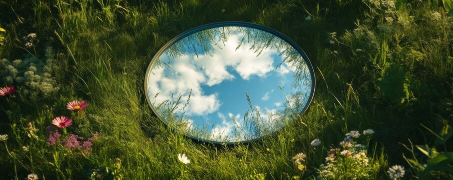 Mirror reflecting sky on grass with wildflowers