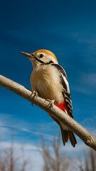 Fototapeta premium Blonde-capped Woodpecker Perched on a Branch and Blue Background, Wallpaper, Cover and Screen for Smartphone, Cell Phone, Computer, Laptop 