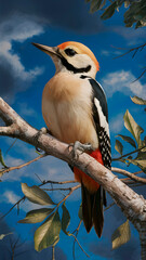 Blonde-capped Woodpecker Perched on a Branch and Blue Background, Wallpaper, Cover and Screen for Smartphone, Cell Phone, Computer, Laptop
