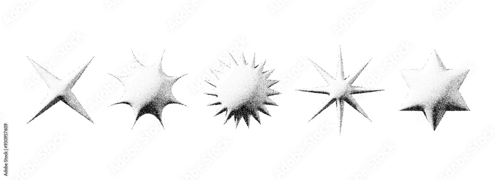 Poster black stippled stars collection. 3d dotted textured sparkles and flares set. halftone grain noise st