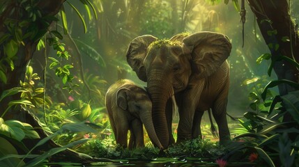A mother elephant and her calf are exploring their vibrant rainforest habitat, surrounded by greenery and colorful flowers. Generative AI