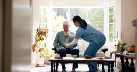 Nurse, elderly care and assistance as caregiver in home for health, wellness and support in retirement. Woman, senior man and patient with Alzheimers, age related illness or person with disability - Powered by Adobe