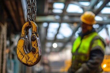 Rope access rigger wearing harness safety helmet heavy duty glove abseiling working in fall arrest position commencing using a lifting chain block hoist lifting a heavy load 