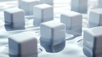 3d render, abstract background, Floating cubes with soft shadows on a reflective surface