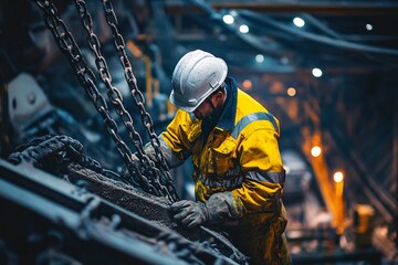 Rope access rigger wearing harness safety helmet heavy duty glove abseiling working in fall arrest position commencing using a lifting chain block hoist lifting a heavy load 