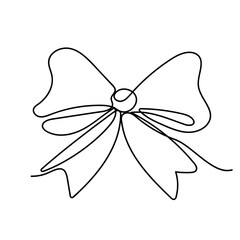 One continuous line drawing of a festive bow on a white background. Christmas and birthday present wrap in simple linear style. Concept of holiday and celebration. Doodle vector illustration