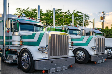 Team of the classic big rigs white semi trucks tractors standing in row on the truck stop parking lot at twilight time