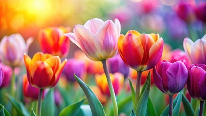 Vibrant tulip flowers overlaying a soft blur background, spring, tulips, colorful, floral, blooming, vibrant, garden, beauty