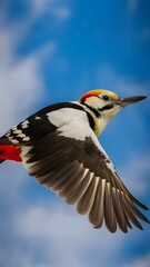 Fototapeta premium Blonde-capped Woodpecker Flying Under Blue Sky, Wallpaper, Cover and Screen for Smartphone, Cell Phone, Computer, Laptop
