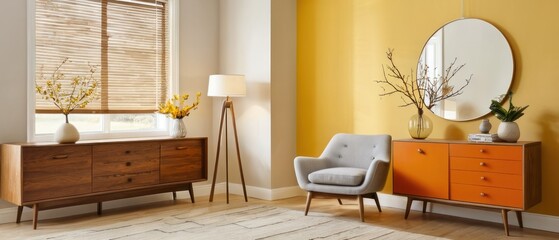 Cozy and stylish mid-century modern living room featuring vintage furniture, vibrant yellow accents, and unique decorative elements, creating a warm and inviting atmosphere.