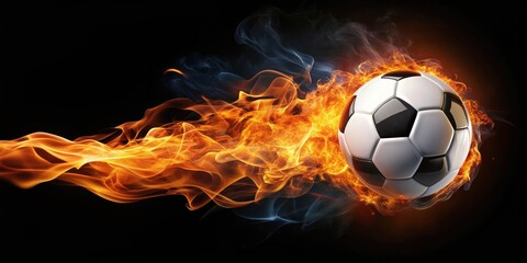 Fototapeta premium Burning soccer ball with fiery tail against black background, Soccer, ball, burning, fiery, tail, flames, heat, sport