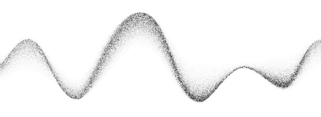 Grainy wave gradient texture. Black stippled flowing line background. Grunge noise dot work wallpaper for banner, poster, brochure. Undulate sandy backdrop with speckles, particles, granules. Vector