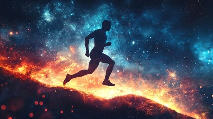 Naklejka premium A silhouette of a runner in a vibrant cosmic landscape, symbolizing speed, freedom, and the pursuit of dreams.